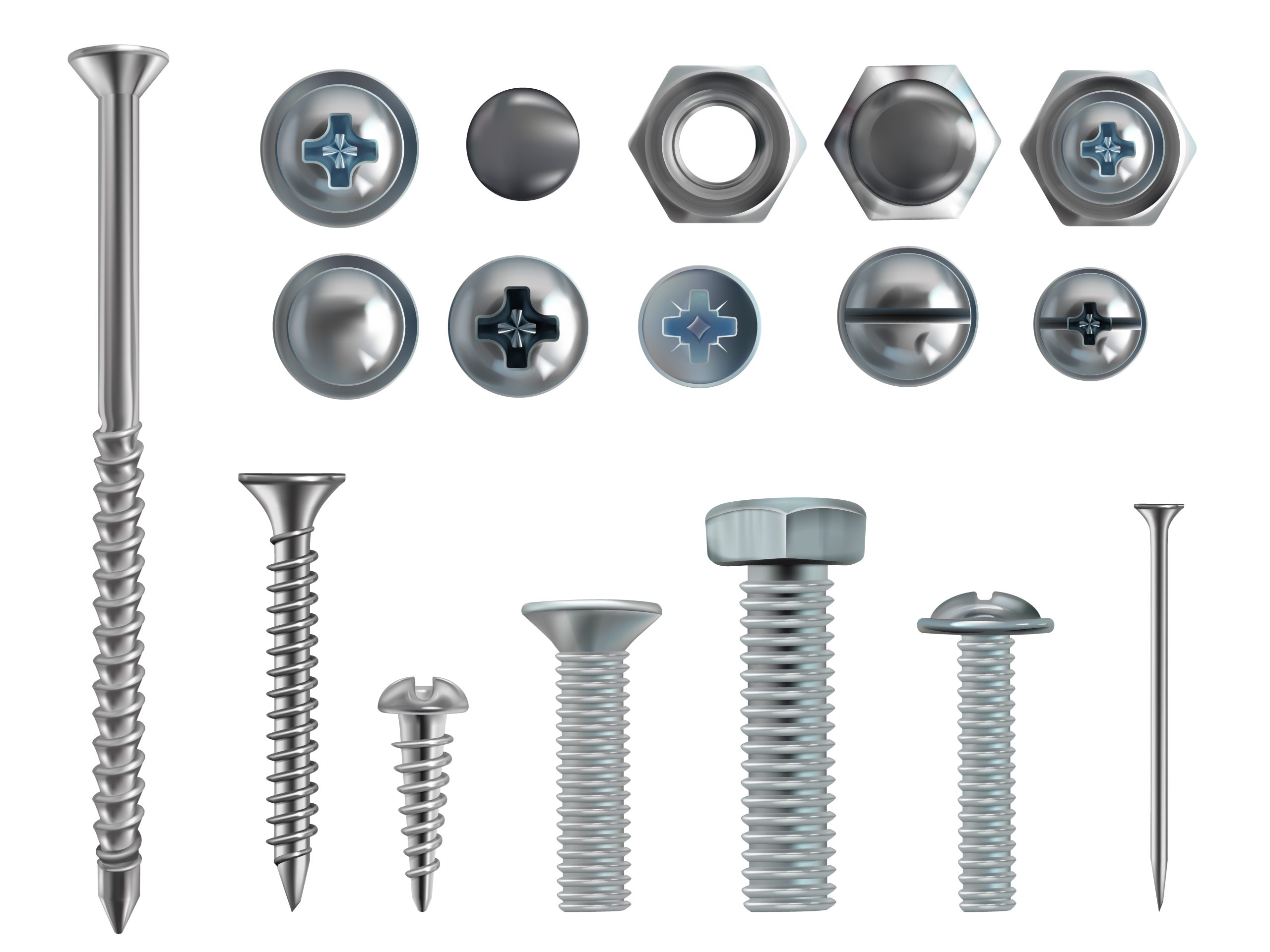 vector 3d realistic steel bolts, nails, screws