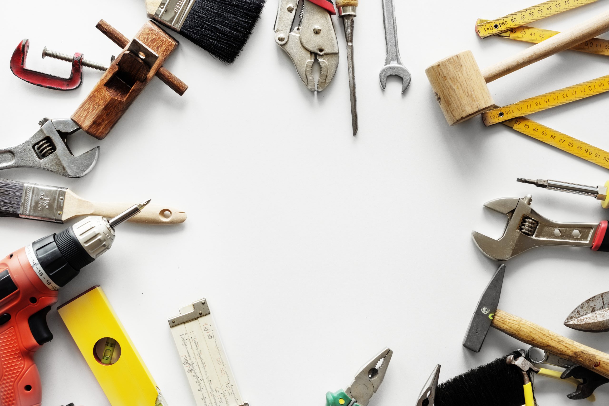 flat lay of various technician tools isolated on white backgroun